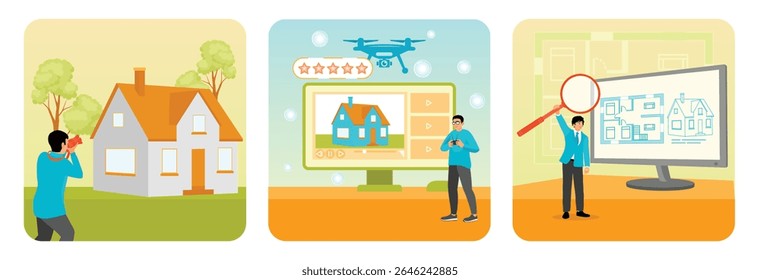 A man uses a camera to photograph a house. A drone enthusiast captures and reviews property images. A blueprint or floor plan of a building displayed on a computer monitor. Home for sale concept.