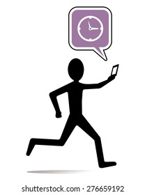 man uses cellphone while running, cartoon style