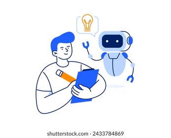 A man uses a chatbot or AI assistant to generate ideas. An artificial intelligence tool for work, study, creativity, and productivity. Vector flat illustration isolated on a white background.