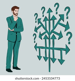 Un hombre utiliza un árbol de decisiones para identificar un problema u oportunidad en el proceso de toma de decisiones. Concepto de negocio. Ilustración vectorial de esquema.