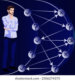 A man uses a decision tree to identify a problem or opportunity in the decision-making process. Business concept. Flat vector illustration.