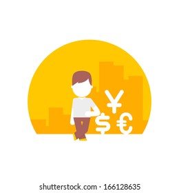 man uses different currencies. dollar, euro and yen
