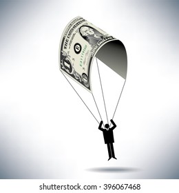 A man uses a dollar for a parachute with space for text