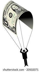 A man uses a dollar for a parachute, in vector format