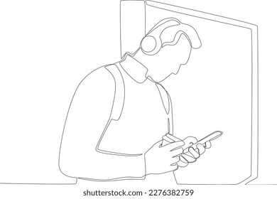 A man uses earphones while drinking coffee at a bus stop. Public transport one-line drawing
