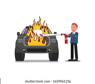 A man uses a fire extinguisher to extinguish a burning car. Vector illustration. Isolated on a white background. flat composition