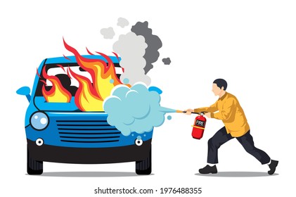 Man uses a fire extinguisher to extinguish a burning car