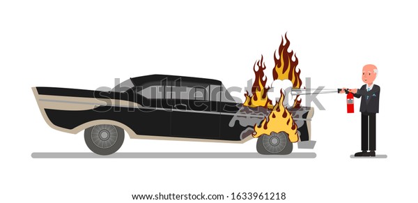 A man uses\
a fire extinguisher to extinguish a burning car. Vector\
illustration. Isolated on a white\
background.