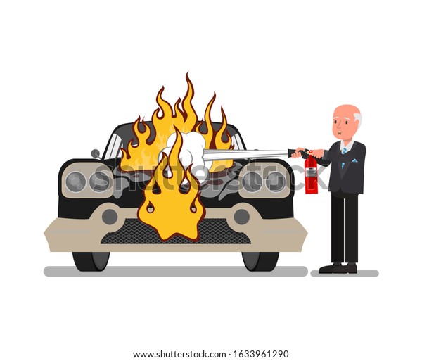A man uses\
a fire extinguisher to extinguish a burning car. Vector\
illustration. Isolated on a white\
background.