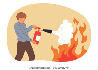 Man uses fire extinguisher, heroically approaching flame and trying to put out source of danger with foam. Guy office worker fights with burning at workspace, holding red fire extinguisher in hands