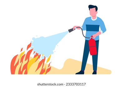 El hombre utiliza un extintor para apagar la llama. Protección de encendido. El tipo rociando espuma de la boquilla con la manguera. Equipo para la lucha contra incendios. extinción de la combustión