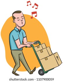 A man uses a hand truck to move several boxes