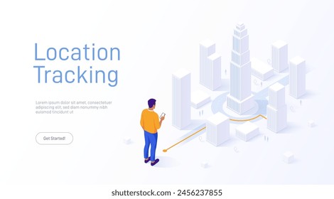 Man uses his mobile phone GPS amidst towering isometric skyscrapers, following a digitally laid-out route. Location tracking concept isometric vector illustration. Choosing shortest road.