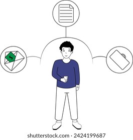 man uses his phone to do his daily tasks, vector illustration