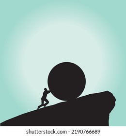 Man uses his strength to push a big rock up the steep hillside in a silhouette illustration