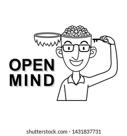 A Man Uses the key to open his mind and show his brain with Open Mind text Cartoon Vector