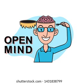 A Man Uses the key to open his mind and show his brain with Open Mind text Cartoon Vector