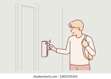 Man uses key-card for open door and gain access to back room in office. Guy with key-card for identification and authorization of company employees coming to work and gaining access in building