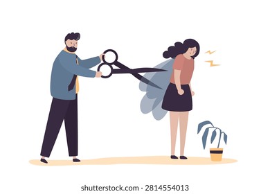 Man uses large scissors to cut off woman abstract wings. Control, domination and limitation of freedom within an abusive and toxic partnership. Bullying, inequality, stress, family problems. vector