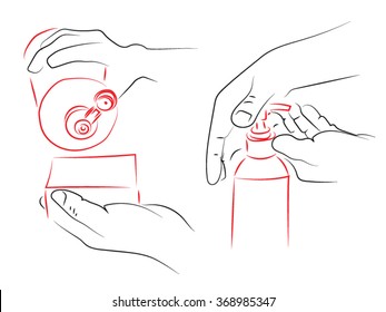 man uses liquid soap. One hand holds dishwashing detergent other sponge. Vector illustration on the theme of harvesting, mystya dishes, household chemicals.