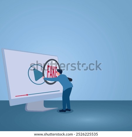 A man uses magnify to a laptop and sees the word fake, an illustration for fake news, hoax, illegal reports, misinformation.