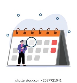 Man uses a magnifying glass to check an event in the calendar Illustration symbolizes planning and scheduling Visual suitable for time management concepts.