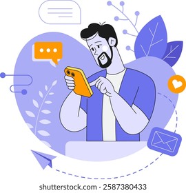 The man uses a mobile phone, surfs the Internet, and communicates in chat rooms.