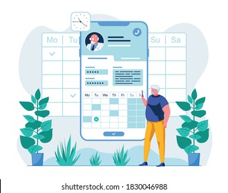 Man Uses Mobile Telemedicine App Flat Illustration. Senior Patient Scheduling Meeting With Doctor Via Telehealth Application Cartoon Character. Hospital Client Choosing Appointment Date Online