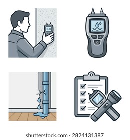 A man uses a moisture meter on a wall, a pipe leaks water, and a checklist with tools.