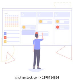 Man uses an online planner on a web page. Sets tasks for the week, writes business processes, organizes work. Hero image illustration.