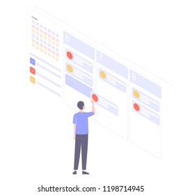 Man uses an online planner on a web page. Sets tasks for the week, writes business processes, organizes work. Isometric planner. Hero image illustration.