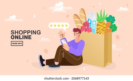 man uses online shopping services. Smartphone marketing and e-commerce concept. App on mobile phone. Fresh Groceries Food Delivery. Vector illustration.