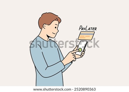 Man uses pay later function on phone while shopping online in application or ordering services. Financial technologies and banking for smartphones, with possibility of pay later to attract clients