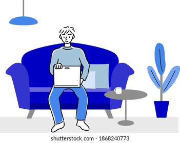 man uses PC with sofa flat illustration