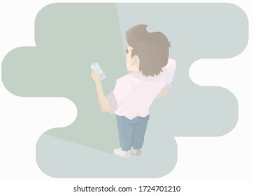 A man uses the phone to communicate or read the news, standing with his back to the viewer. Background