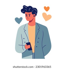 Man uses phone dating app. Find love online concept. Modern youth is looking for a couple. Social networks. Virtual relationships