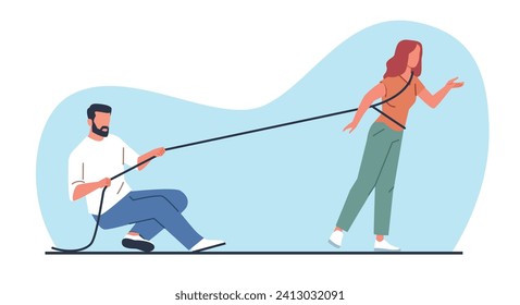 Man uses rope to restrain woman. Male controlling female. Constraint and pressure. Couple relationship. Marriage shackles. Psychological dependence. Guy pulling cable. Vector concept