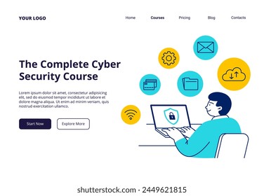 A man uses safety wifi, a computer, and a network. Cyber security tips. Network, data, email, and payment protection. Vector flat illustration for web page, app, or blog. 