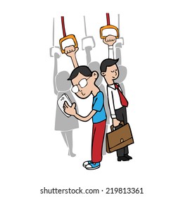 Man uses smart phone on subway cartoon