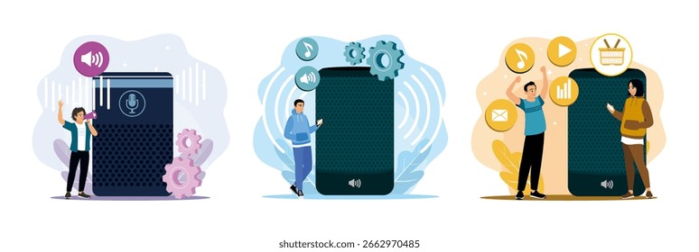 O homem usa alto-falante inteligente para controlar a voz. Jovem usando alto-falante inteligente para ouvir música. Os jovens ouvem música no mercado de aplicativos de alto-falantes inteligentes.