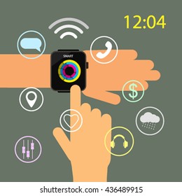 A man uses a  smart watch app.  Flat vector illustration