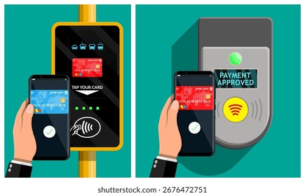Man uses smartphone for contactless payment with credit card. Mobile payment terminal with successful transaction for public transport.