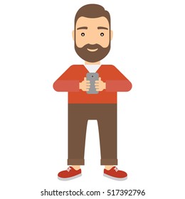 Man uses smartphone. Technology and communication concept flat cartoon vector icon.