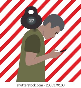 a man uses a smartphone tilting his head forward. 