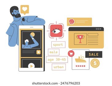 A man uses a smartphone while receiving targeted ads based on his interests in sports. Icons highlight urban male demographics, sports preferences, and purchase history. Vector illustration.