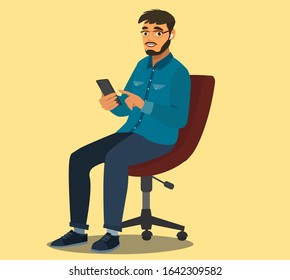 Man uses a smartphone while sitting on a chair. Internet surfing or reading an article. Vector illustration in cartoon style