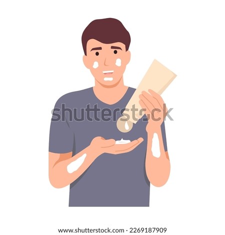 Man uses sunscreen to protect himself from the sun UV rays. Sun Shield, protection. Flat vector illustration isolated on white background