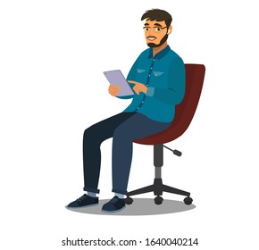 Man uses a tablet while sitting on a chair. Internet surfing or reading an article. Vector illustration in cartoon style