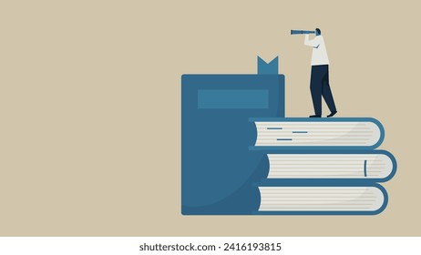 A man uses a telescope to check over a pile of books.