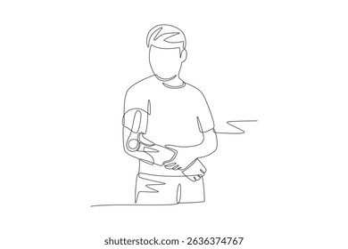 Man uses tools to assist hand rehabilitation. Assistive technology concept one-line drawing